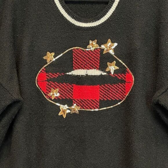 TORRID Sweater Size 2X Black Red Sequin Plaid Lips Crew Neck Pullover Festive - Picture 5 of 16